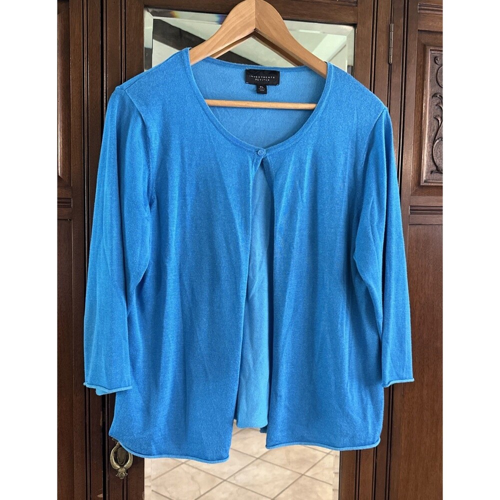 Investments Petites Women's One Button Cardigan Size PXL Aqua 3/4 Length Sleeve